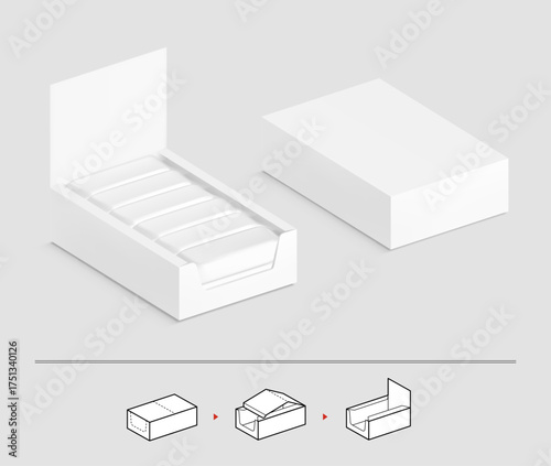 Blank shelf-ready box mockup with set flow packaging for food. Vector illustration on grey background. Ready for your design. EPS10.	
