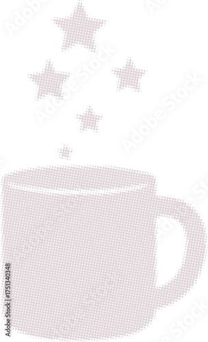 Surreal vector illustration of a coffee mug emitting magical stars instead of steam. Abstract cosmic drink or morning magic concept in a retro halftone style, isolated graphic element.