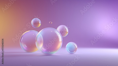 Soap bubbles drift across a smooth purple surface with subtle lighting to provide a clean and professional background for modern creative advertisements.