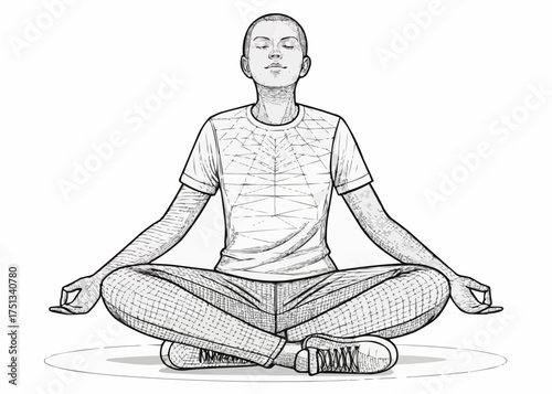 Person meditating in lotus position with eyes closed wearing casual clothes in a line drawing style