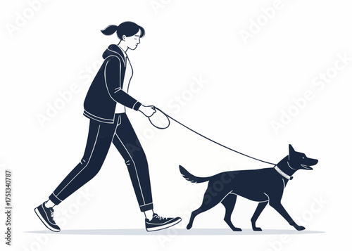 A woman with a ponytail walking a dog on a leash in a simple black and white vector illustration style
