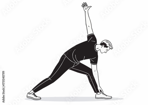 Illustration of a man in triangle pose with one arm extended upward and other hand down to foot