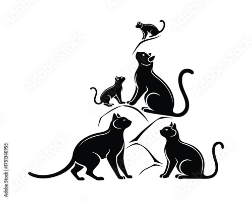 Elegant Black Cat Family Illustration A Stylized Vector Design Showcasing Feline Grace and Unity Minimalist Art