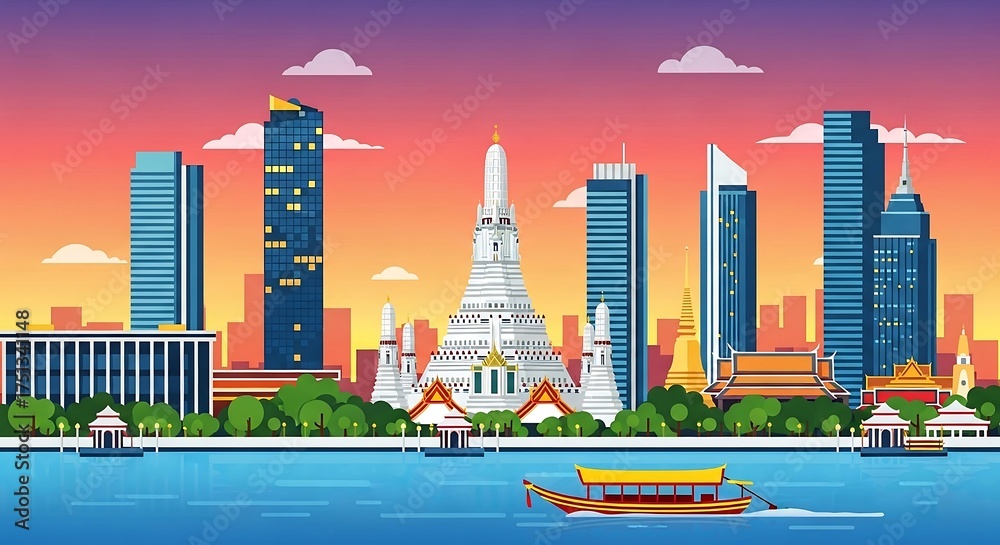 Fototapeta premium Bangkok skyline illustration Chao Phraya river reflecting Wat Arun temple during a vibrant sunset perfect for travel blog headers and cultural promotions.