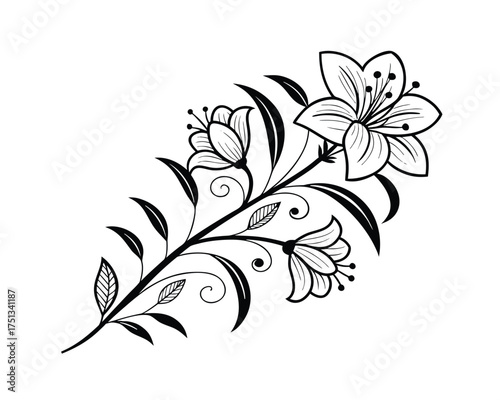 Elegant Floral Branch Illustration with Delicate Flowers and Leaves on White Background Graphic Design Element for Invitations and Decorations