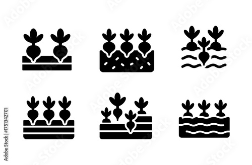 Radish field icons set for agricultural design and digital applications