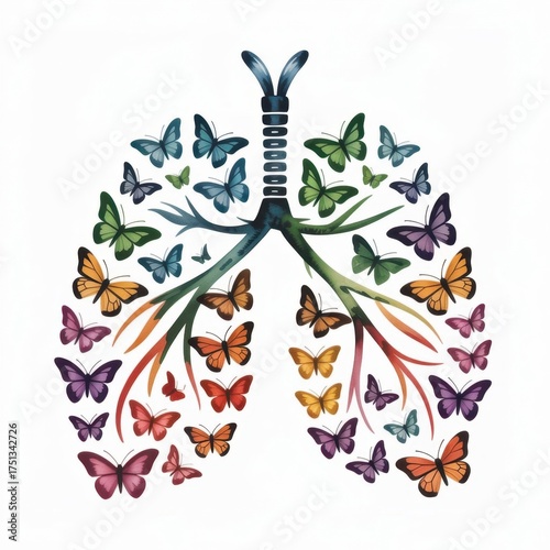 Watercolor Illustration of Lungs Surrounded by Colorful Butterflies in a Vibrant Design