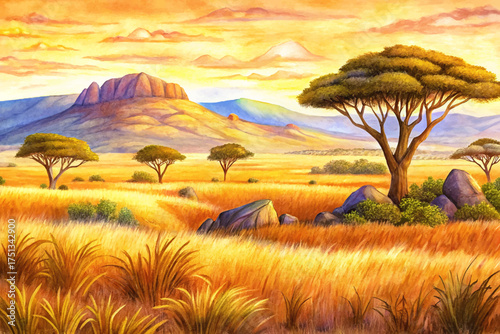 savanna landscape, acacia trees, yellow grass, golden grasslands, distant mountains, African sunset, wild nature, safari poster