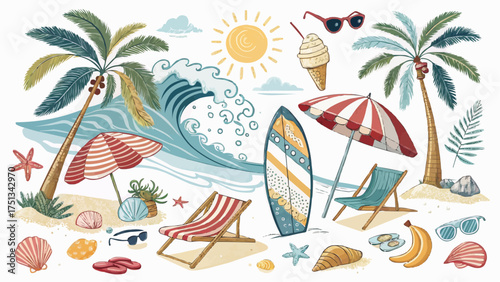 Illustration of a beach scene with palm trees, umbrellas, and beach chairs on a sunny day at the beach