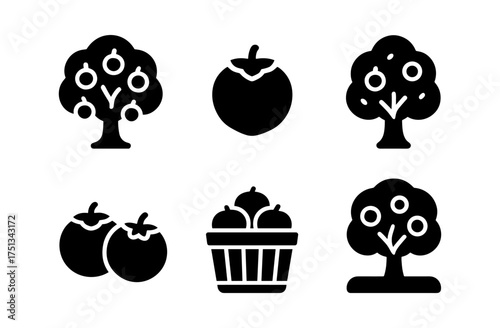 Persimmon orchard icons for seasonal designs and agricultural concepts