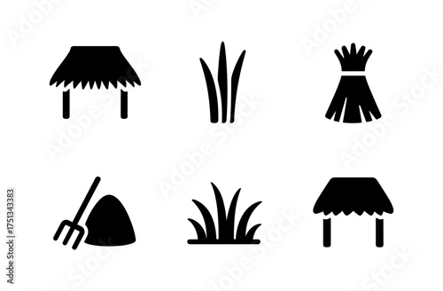 Thatch and grass icon set for design projects - simple black icons for prints, cards, and posters