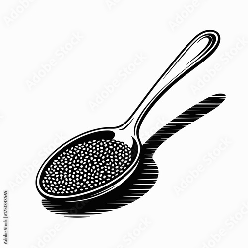 Chia seeds in spoon illustration with shadow effect on a white  background