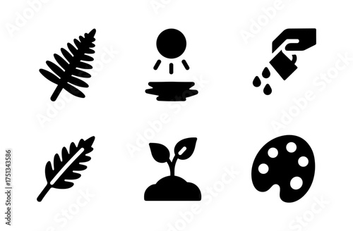 Japanese fern icons set with nature elements and simple design for logo and decoration