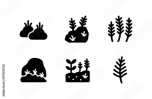 Nature icon set featuring rock and moss compositions for design and decoration