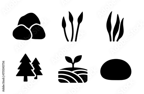 Nature inspired icon set featuring rocks, moss, plants, and trees for eco-friendly design projects