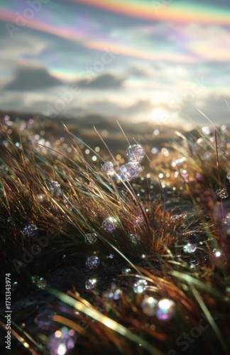 Rainbow Dew Drops: A macro shot captures glistening dew drops adorning blades of grass under a vibrant rainbow, evoking a sense of wonder and the magic of nature.