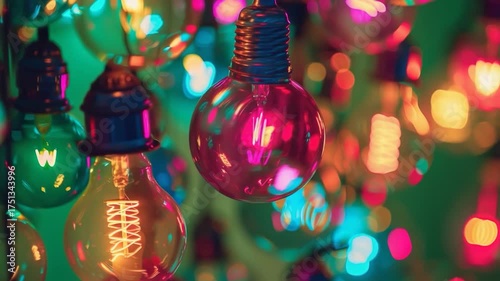 A collection of light bulbs suspended from the ceiling in a creative way