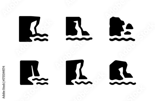 Coastal cliff silhouette icons for minimalist design and nature themes