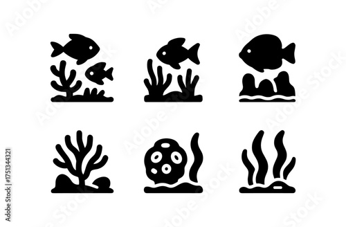 Coral reef icons set for marine life designs and ocean ecology projects