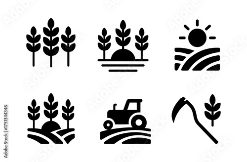 Minimalist wheat field icons set for agricultural design and harvest themes