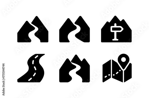 Minimalist mountain pass icons set for navigation and map design