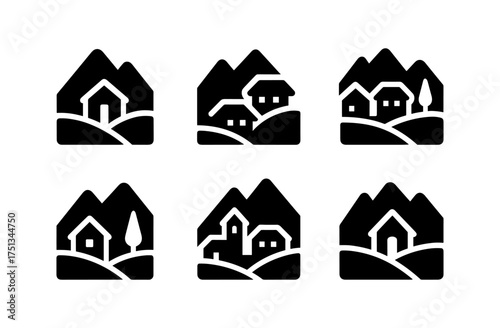 Minimalist valley village icons set for design and branding projects