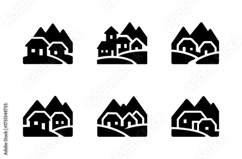 Minimalist black and white village icons for graphic design and app development