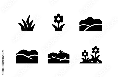 Minimalist hilly meadow icon set for nature themes and graphic design projects