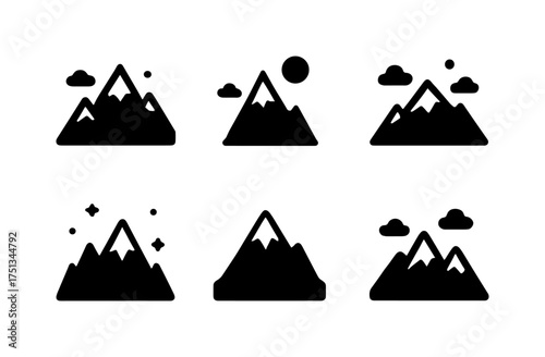 Snowy mountain peaks icon set for graphic design and winter themes