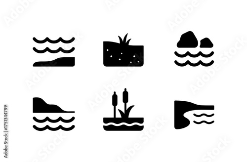 Minimalist lake shore icon set featuring waves, rocks, and plants for design and branding