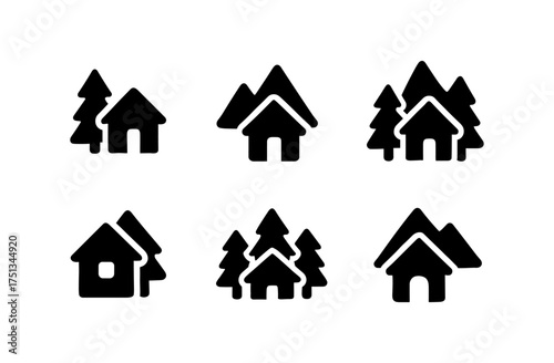 Minimalist mountain forest icons set for nature-inspired design projects and graphic compositions