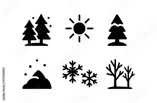 Minimalist snowy forest icons with sun and snowflakes for winter theme design