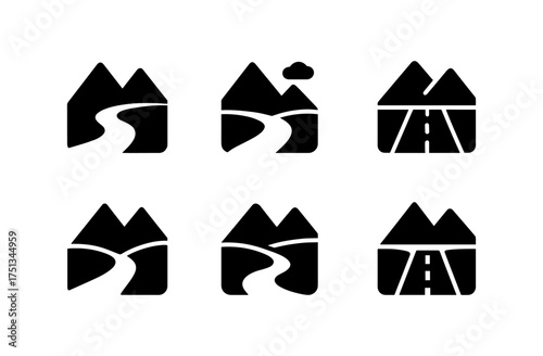 Minimalist mountain and road icons for travel and outdoor design projects