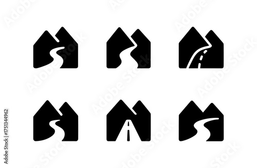 Minimalist mountain and road icons for design projects and maps