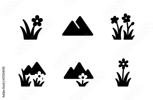 Minimalist mountain and meadow icons for nature themes and design projects