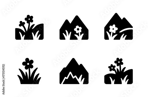 Mountain meadow icons for nature and outdoor design projects