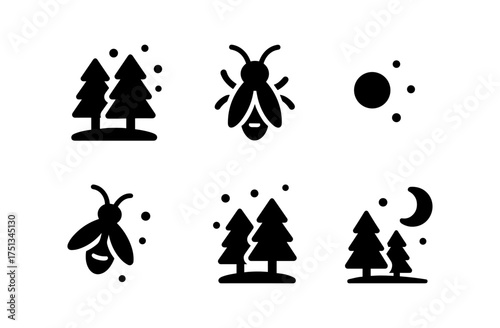 Minimalist night forest icon set featuring trees, fireflies, moon, and stars for nature-themed designs