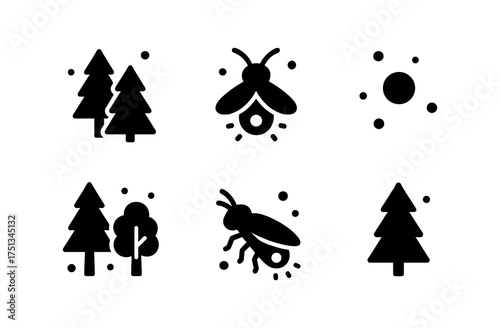 Minimalist night forest symbols featuring trees and insects for nature-themed designs