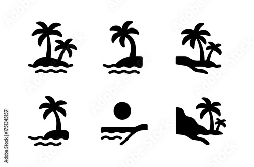 Tropical bay icons set featuring palm trees and ocean waves for travel design