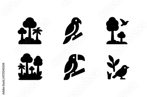 Simple rainforest bird icons set for nature design projects