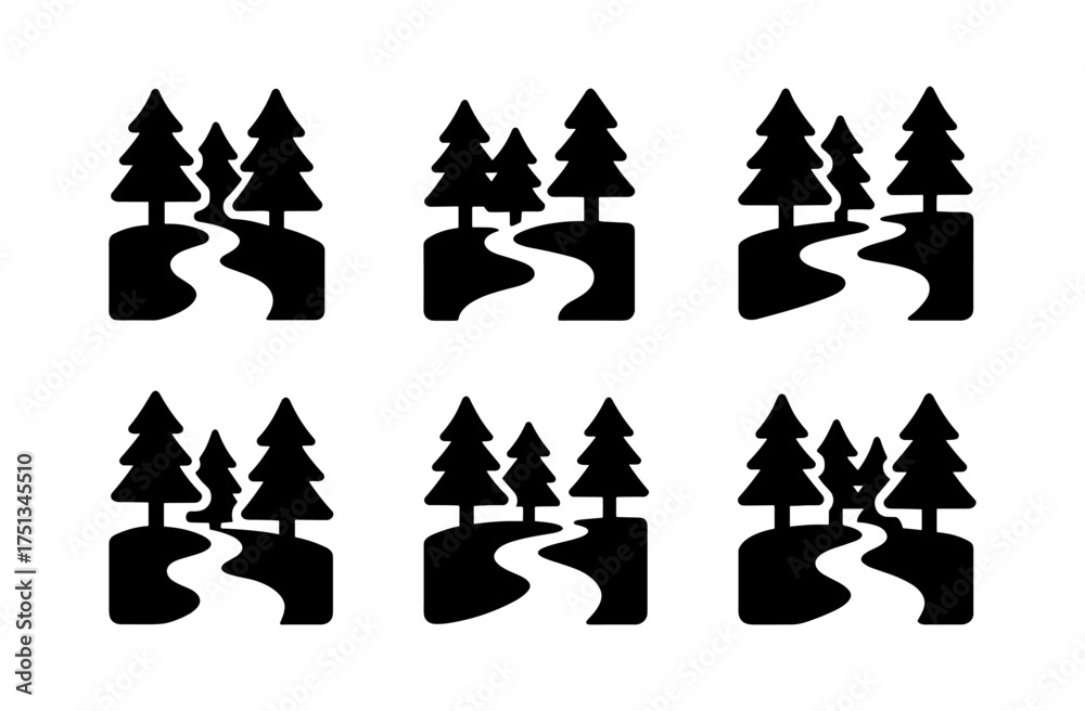 Obraz premium Minimalist forest and river icon set for nature and outdoor designs