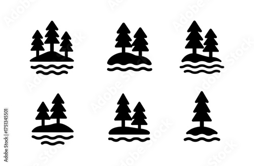 Minimalist island icons with pine trees for design projects