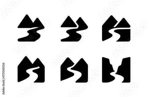 Minimalist valley and river icons set for nature-themed designs and graphics