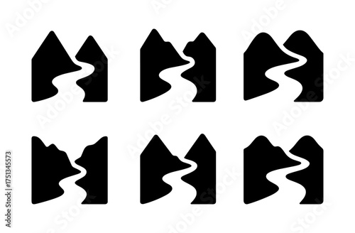 Minimalist mountain and river valley icons for nature and adventure design