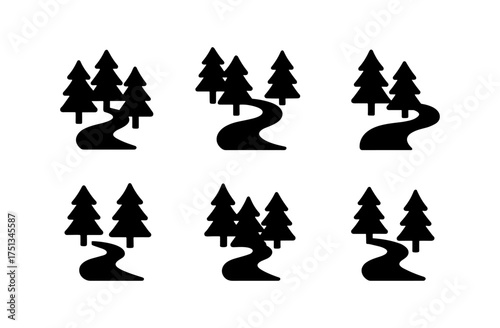 Simplistic forest and river icon set for nature-themed designs and prints