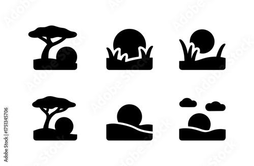 Minimalist savanna sunset icons for design projects and nature-themed prints