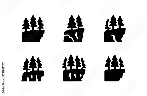 Nature adventure icons featuring cliffside forest trees for design projects