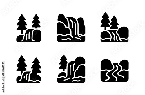 Minimalist forest and waterfall icon set for nature-themed design projects