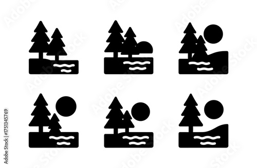 Nature icons set featuring forest trees and lake scene for design and decoration