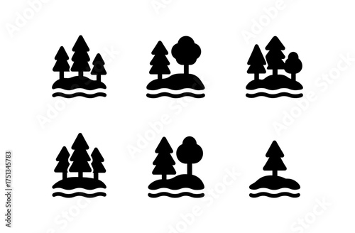 Minimalist forest island icon set for nature themed design projects